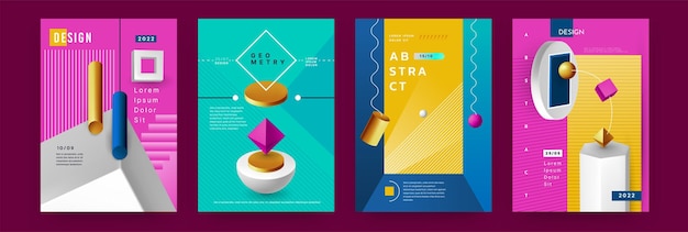 Affiche abstraite en 3D, figures colorées lumineuses, bannières en ligne, cadre graphique en gradient avec blocs de géométrie, technologie spatiale, blocs géométriques minimaux, couverture de brochure vectorielle, conception exacte.