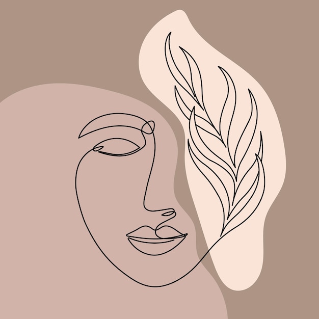 Vecteur affiche abstraite ligne visage de femme avec style de dessin oneline feuille
