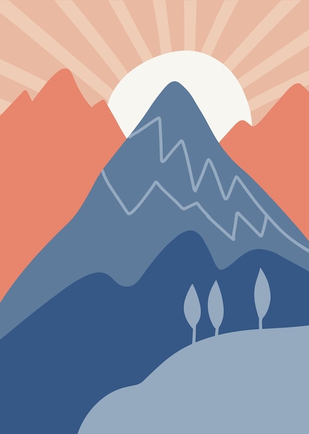 Affiche abstraite paysage avec montagnes et soleil coucher de soleil fond simple vecteur plat dessiné à la main il ...