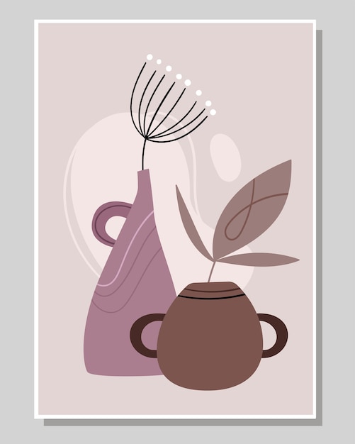 Affiche Abstraite Avec Des Vases Insolites. Style Scandinave.