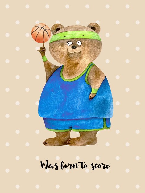 Affiche Aquarelle Avec Joueur De Basket-ball Ours En Peluche Ours De Sport De Dessin Animé Est Né Pour Marquer Des Points