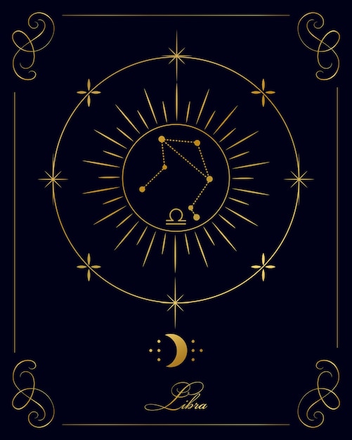 Affiche d'astrologie magique avec constellation Balance, carte de tarot. Design doré sur fond noir.