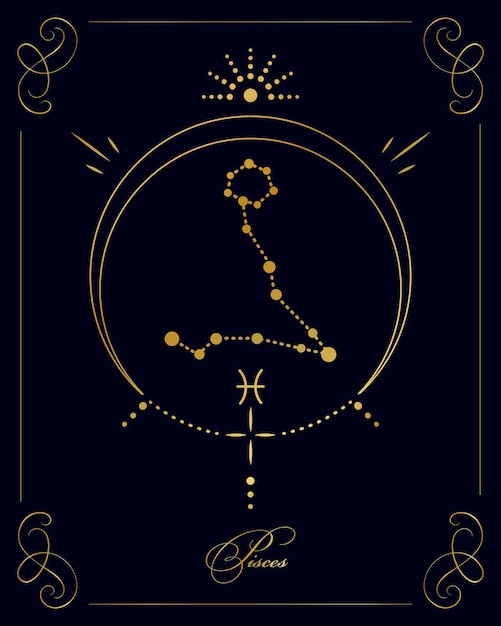 Vecteur affiche d'astrologie magique avec constellation poissons, carte de tarot. design doré sur fond noir. v