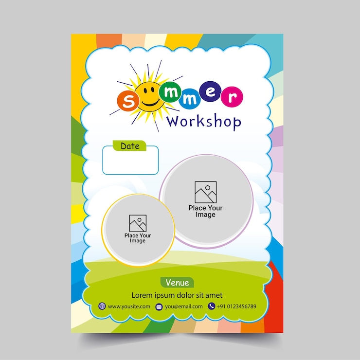 Vecteur affiche de l'atelier du camp d'été pour les écoliers avec le visage souriant du soleil