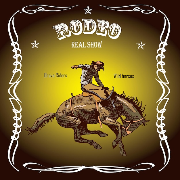 Affiche De Bannière Avec Un Cavalier De Cow-boy Assis Sur Un Mustang De Cheval Sauvage Et L'inscription Rodéo