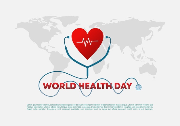 Affiche de bannière de fond de la journée mondiale de la santé avec stéthoscope de battement de coeur et carte du monde sur fond blanc
