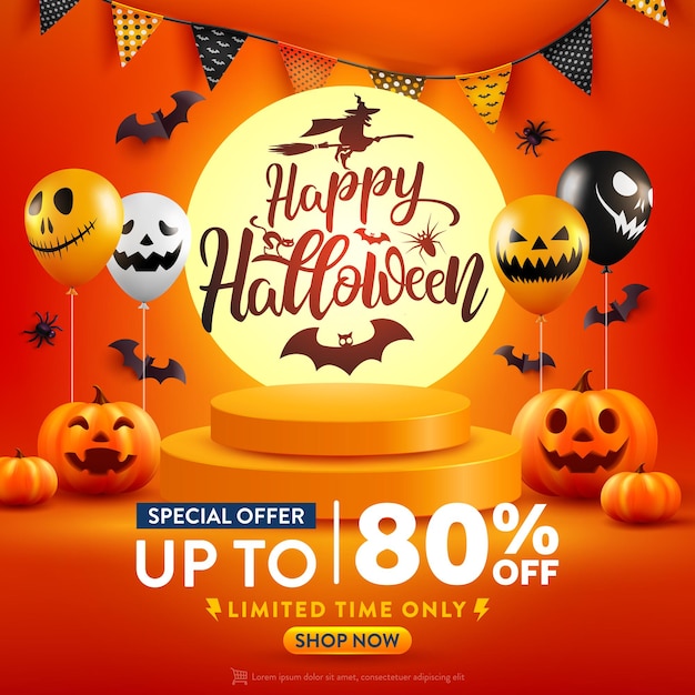 Affiche ou bannière de promotion de vente d'Halloween avec citrouille d'Halloween et ballons fantômes