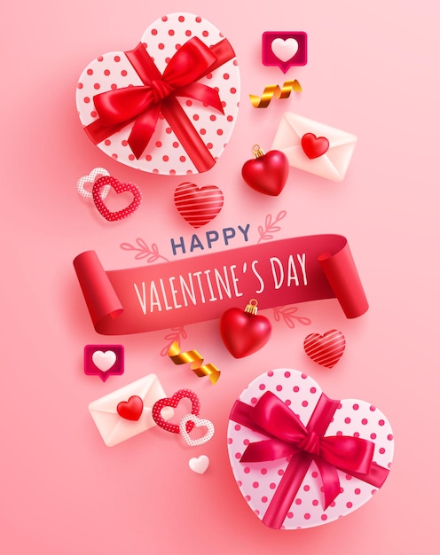 Affiche et bannière de la Saint-Valentin avec boîte-cadeau de coeurs doux et éléments de la Saint-Valentin