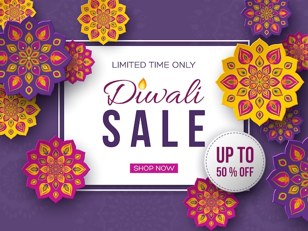 Affiche ou bannière de vente pour la fête des lumières - Diwali. Papier découpé style de Rangoli indien. Fond violet. Illustration vectorielle.