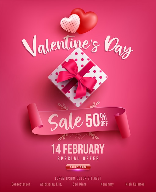 Affiche Ou Bannière De Vente De La Saint-valentin Avec Un Cadeau Sucré, Un Cœur Doux Et De Beaux Articles Sur Le Modèle Rose .promotion Et Shopping Ou Pour L'amour Et La Saint-valentin