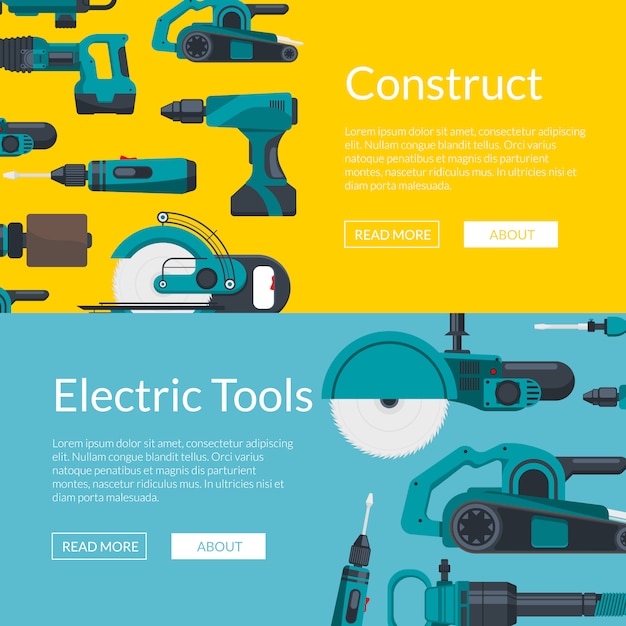 Vecteur affiche de bannières web horizontal avec des outils de construction électriques