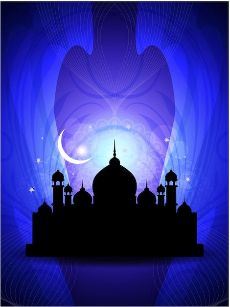 Vecteur une affiche bleue et noire avec une mosquée et un croissant de lune.