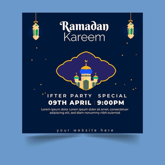 Vecteur une affiche bleue pour le ramadan kareem avec une mosquée en bas