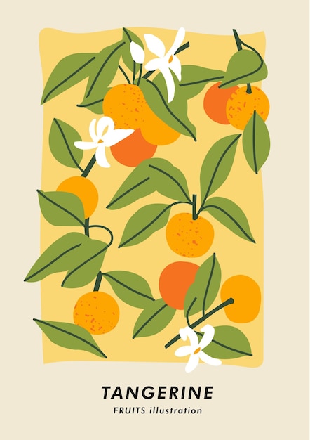 Affiche Botanique D'illustration Vectorielle Avec Des Fruits De Mandarine Art Pour Fond Et Couverture De Bannière D'art De Mur De Carte Postale