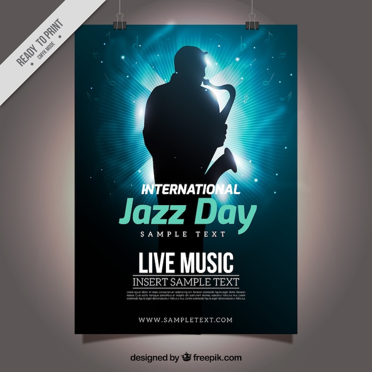 Vecteur affiche brillant bleu avec le saxophoniste silhouette