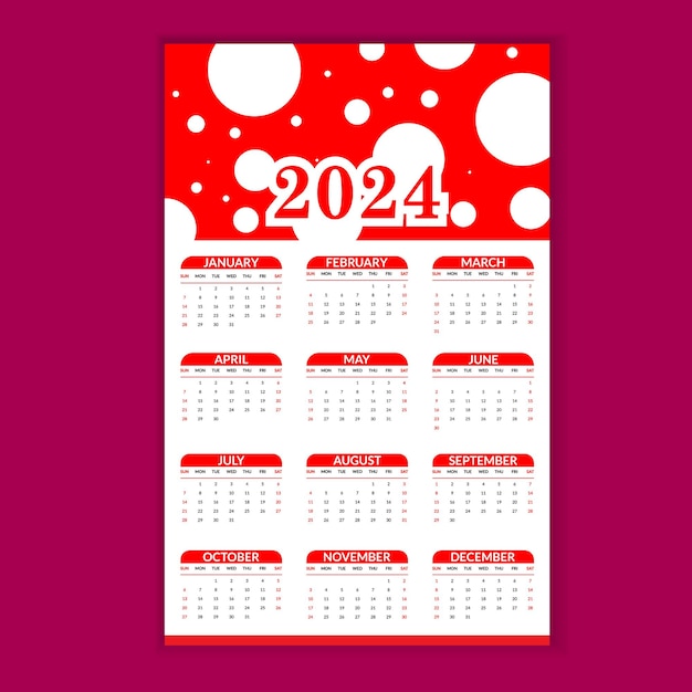 Vecteur affiche de calendrier typographique anglaise 2024 avec motif de point blanc conception de planificateur annuel