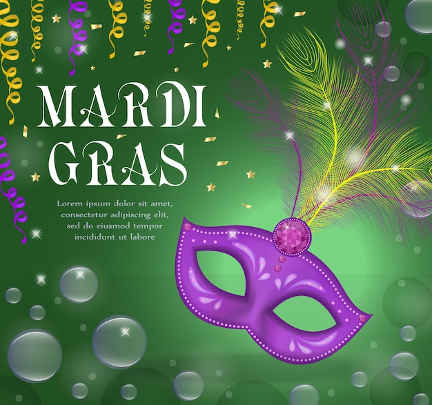 Affiche De Carnaval De Mardi Gras, Invitation, Carte De Voeux. Joyeux Mardi Gras Modèle Pour Votre Conception Avec Des Plumes De Masque. Vacances à La Nouvelle-orléans. Fond De Mardi Gras. Illustration Vectorielle.