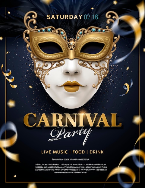 Affiche de carnaval avec masque blanc et banderoles en illustration 3d, paillettes sur fond bleu