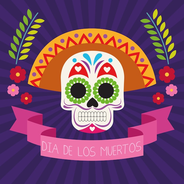 Affiche De Célébration De Dia De Los Muertos Avec Tête De Crâne Et Ruban Frame Vector Illustration Design