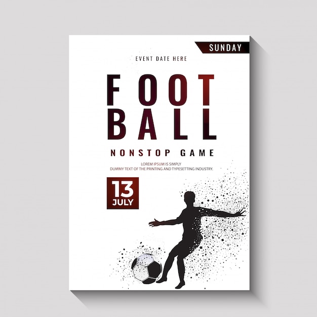 Vecteur affiche de championnat de football, conception de bannière avec la silhouette d'un footballeur donnant un coup de pied le ba