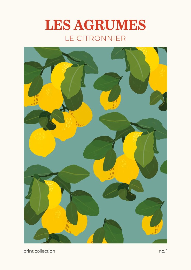Affiche Le Citronnier. Imprimé coloré avec motif citron. Style esthétique vintage. 90s 80s 70s groovy