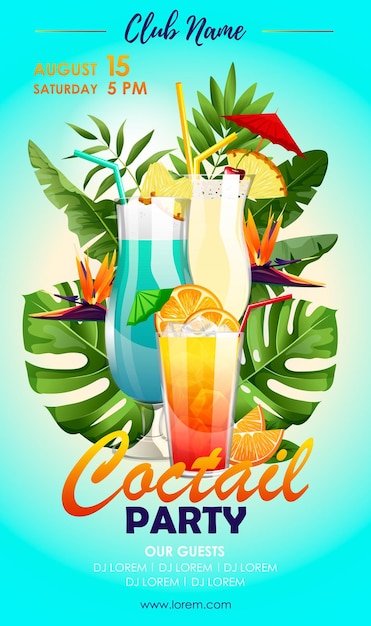 Vecteur affiche de cocktail d'été flyer de fête de plage avec boissons alcoolisées dans des verres cocktails ananas fruits feuilles tropicales bonjour vacances ou bannière de vacances illustration vectorielle