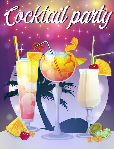 Vecteur affiche de cocktail fond violet pina colada aperol lever du soleil sexe sur la plage collection vacances d'été et station disco ambiance illustration vectoriel