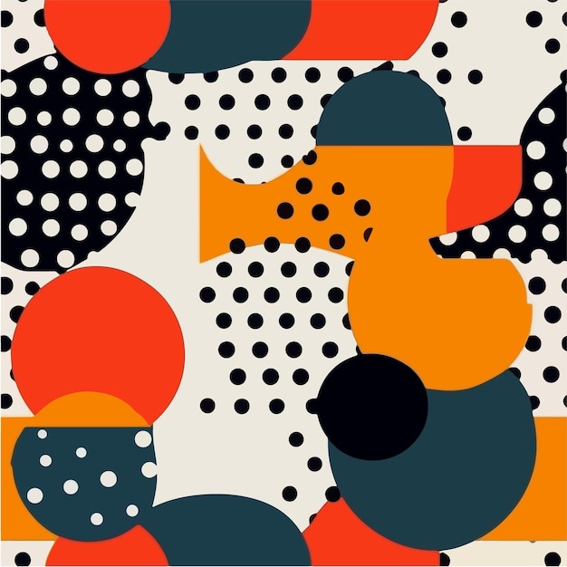 Une affiche colorée avec des cercles noirs, orange et blancs.