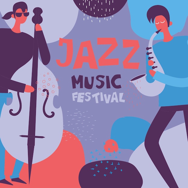 Affiche Colorée Du Festival De Musique Jazz Au Design Plat Avec Des Musiciens Jouant Des Instruments De Musique