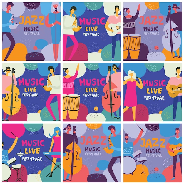 Vecteur affiche colorée de musiciens de festival de jazz et d'instruments de musique