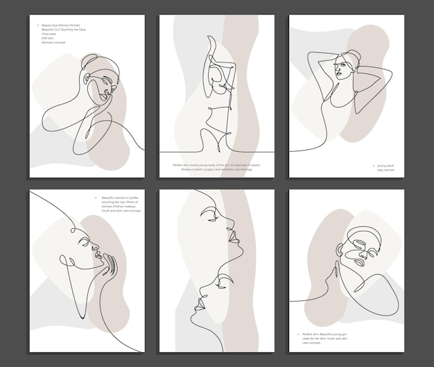 Affiche de concept de mode en ligne continue femme beauté dessin minimaliste de visages et de coiffure Dessin contemporain dans un style moderne isolé sur des textures pastel colorées avec fond de formes