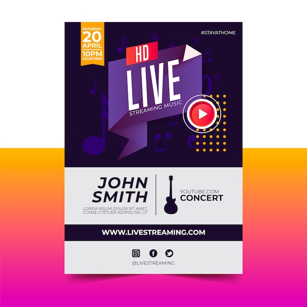 Vecteur affiche de concert de musique en streaming en direct