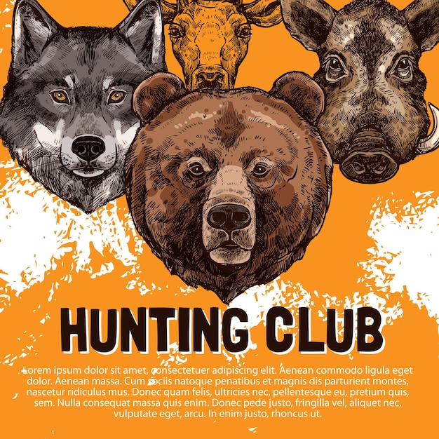 Vecteur affiche de croquis de vecteur du club de chasse aux animaux sauvages