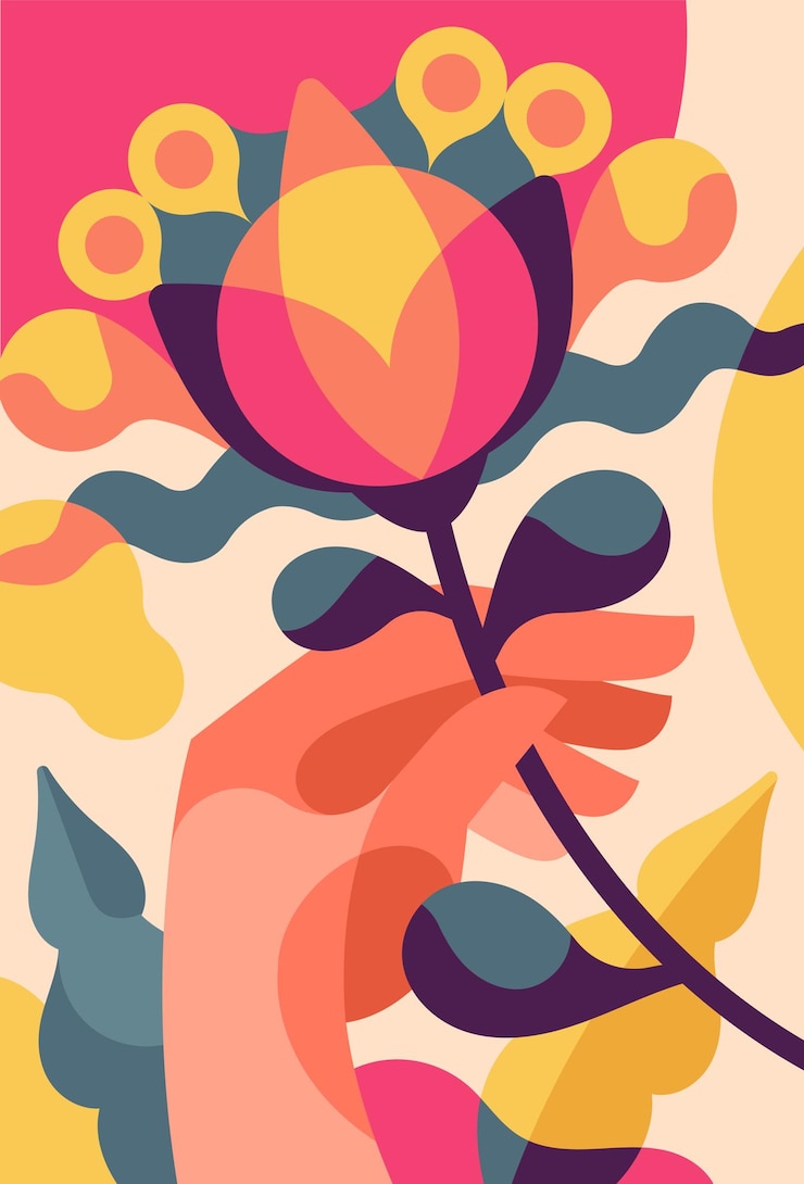 Vecteur affiche cubiste minimaliste créativité abstraite et art dans le style rétro main avec fleur colorée beauté esthétique et élégance modèle et mise en page illustration vectorielle plate de dessin animé
