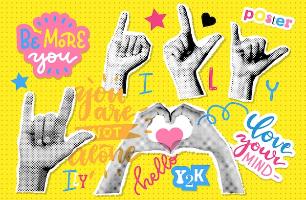 Vecteur affiche de demi-teintes avec de belles mains définies éléments de collage d'amour signe de geste de coeur avec langage gestuel