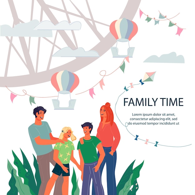 Vecteur affiche ou dépliant de temps en famille pour les divertissements de vacances en famille et les vacances dans un parc d'attractions