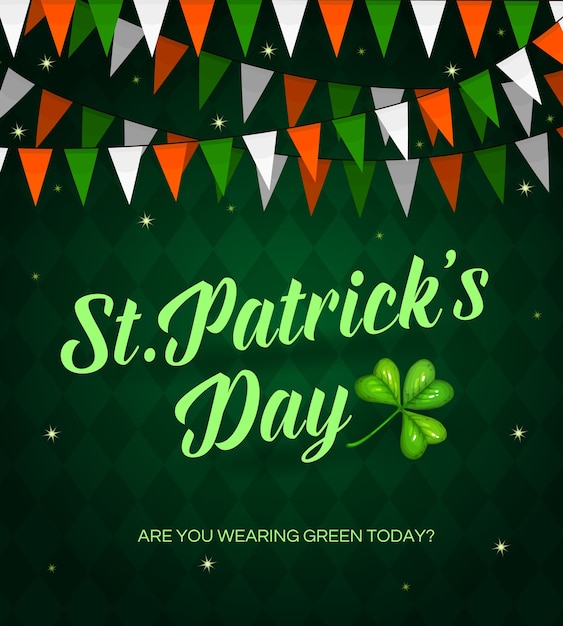 Affiche De Dessin Animé De Saint Patrick Day Avec Lettrage Et Shamrock. Décoration De Guirlande De Drapeaux Rouges, Verts Et Blancs Sur Fond Quadrillé. Carte De Saint Patrick, Fête Traditionnelle Irlandaise, Fête Celtique