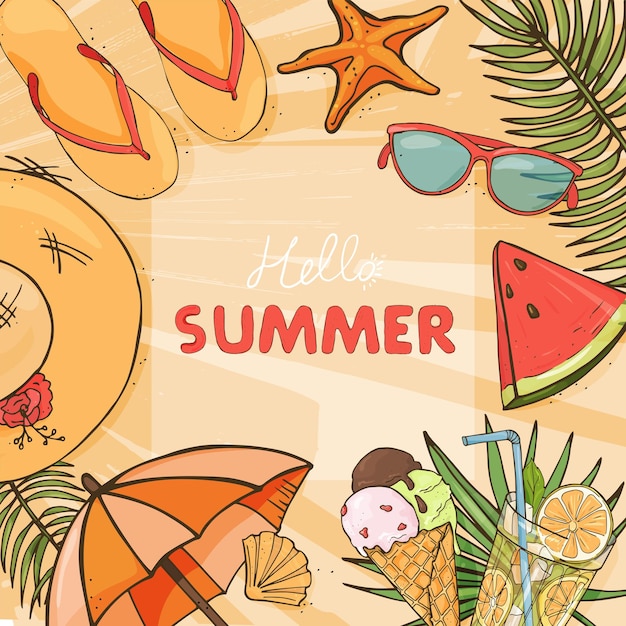 Vecteur affiche dessinée à la main sur un thème d'été avec des accessoires de plage et une place pour votre texte