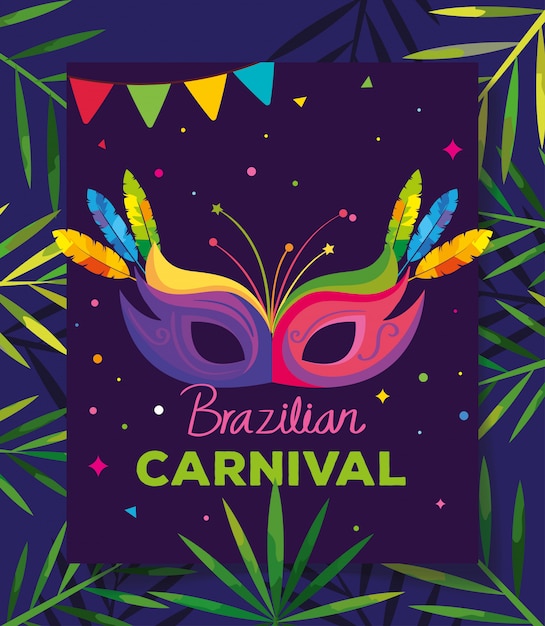 Affiche Du Carnaval Brésilien Avec Masque Et Feuilles Tropicales