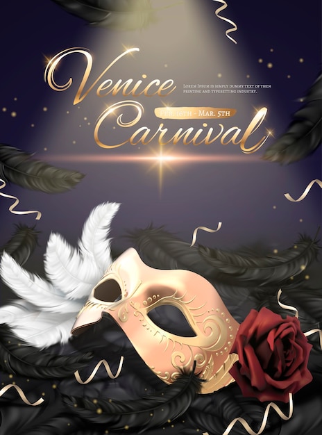 Affiche Du Carnaval De Venise Avec Masque Doré Et Plumes Noires