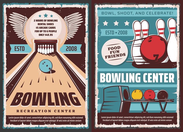 Vecteur affiche du centre de bowling sportif et récréatif