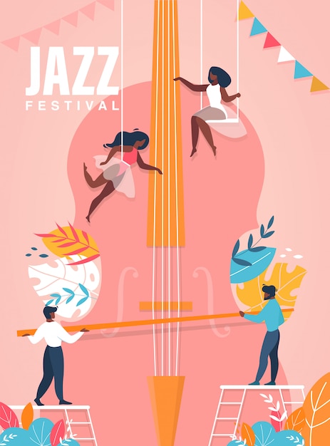 Affiche Du Festival De Jazz. Personnes Jouant Sur L'énorme Illustration De Violoncelle