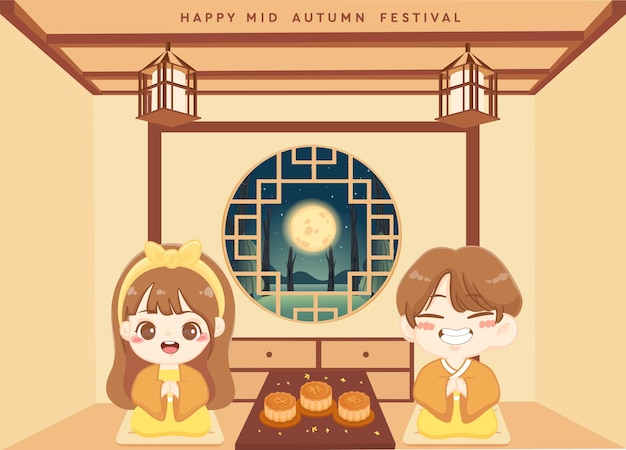 Affiche Du Festival De La Mi-automne Avec Un Joli Couple Traditionnel Portant Du Hanbok Et Du Gâteau De Lune