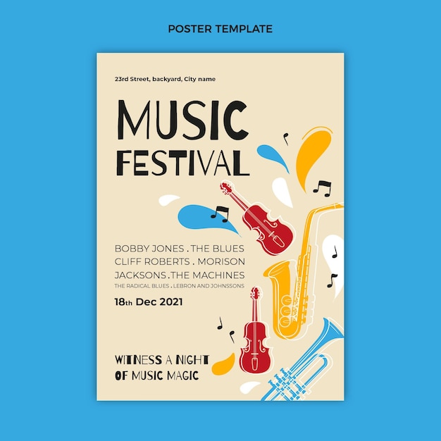 Affiche du festival de musique colorée dessinée à la main