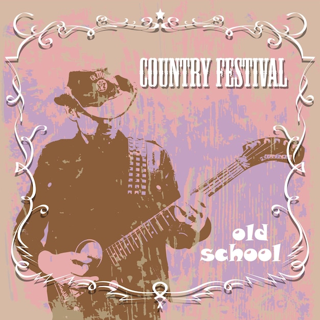 Affiche Du Festival De Musique Country Rock Américain Avec Un Guitariste Jouant De La Guitare Sur Des Textures Lumineuses