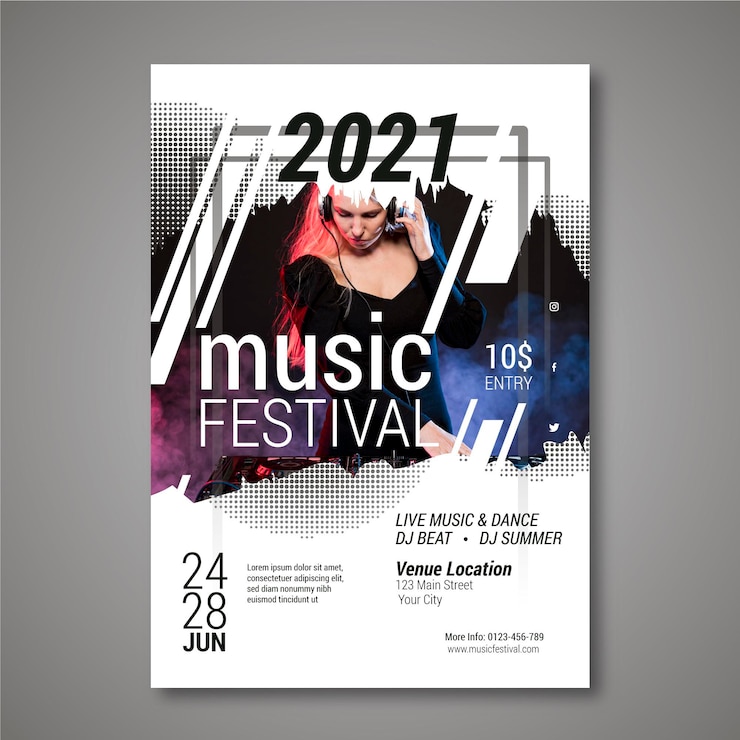 Vecteur affiche du festival de musique de fête avec dj féminin