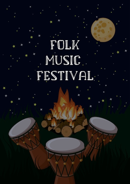 Affiche Du Festival De Musique Folklorique Avec Tambours Ethniques, Feu De Camp Et Ciel étoilé.
