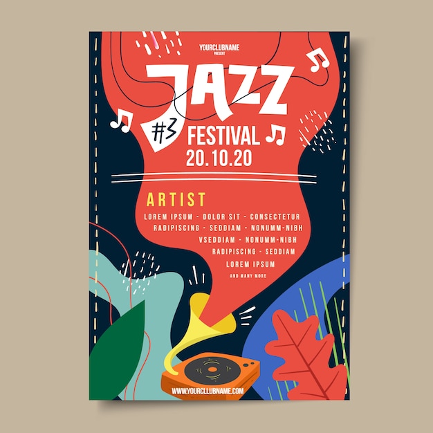 Vecteur affiche du festival de musique de jazz dessinée à la main