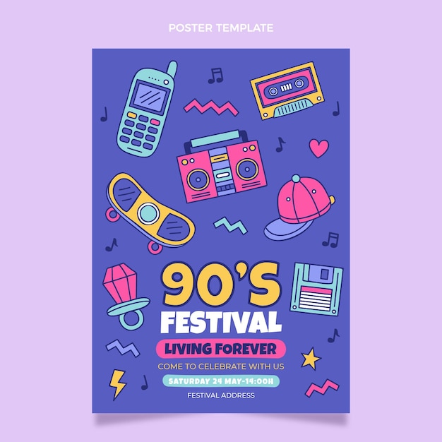 Vecteur affiche du festival de musique nostalgique des années 90 dessinée à la main