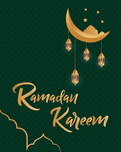 Affiche du ramadan kareem avec un croissant de lune et les mots ramadan kareem sur fond vert.